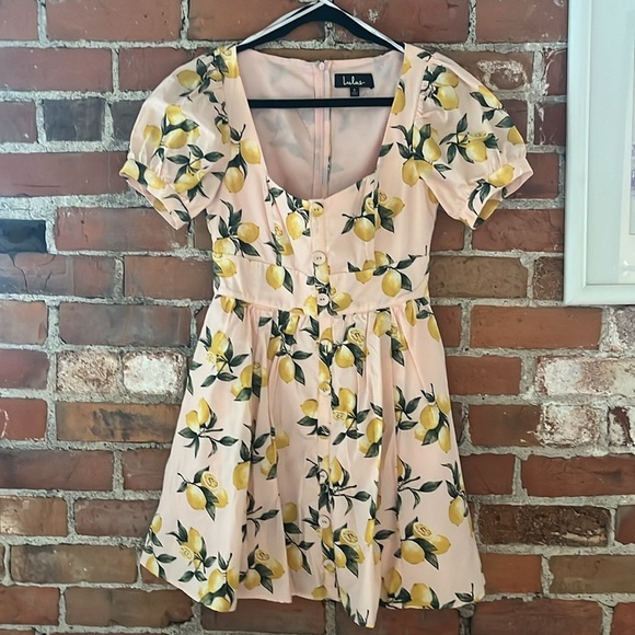 Lulus Squeeze the Day Light Pink Lemon Print Puff Sleeve Skater Dress, size S - Picture 3 of 5